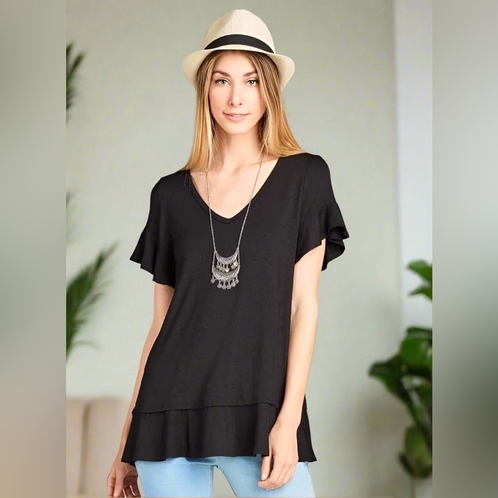 S/M NEW Womens Ruffle Short Sleeve Black Top, Ruffle Hem Shirt